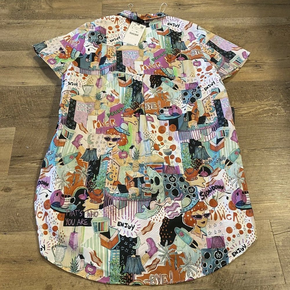 Zara Cartoon Button Up Shirt Dress Size L NWT - Picture 7 of 7